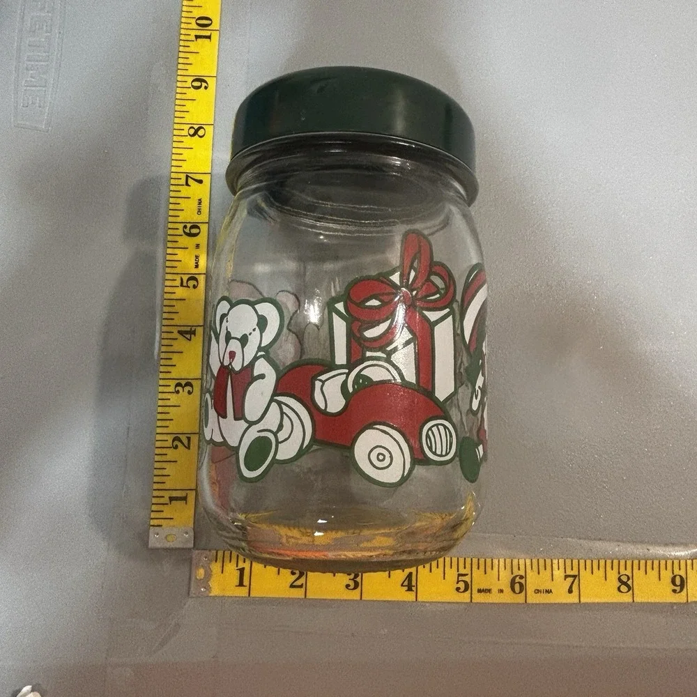 Anchor Hocking Christmas Canister Candy Jar Glass Green Lid Holiday Toys 1980's
